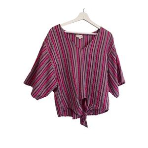Dizzy Gal Striped Pink V Neck Tie Waist Short Sleeve Top Blouse Womens Size L